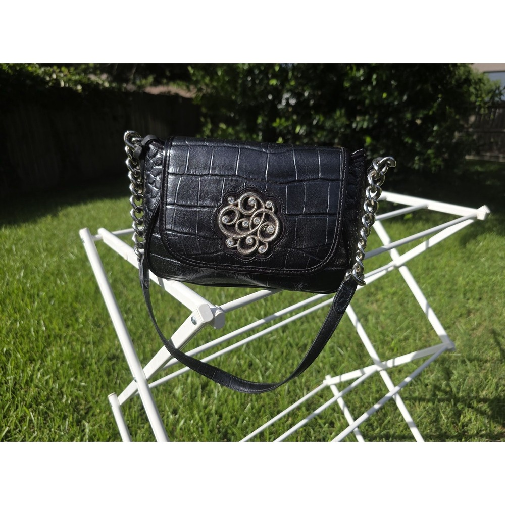 Brighton Black Croc Embossed Leather Medallion Shoulder Bag Silver Chain Strap